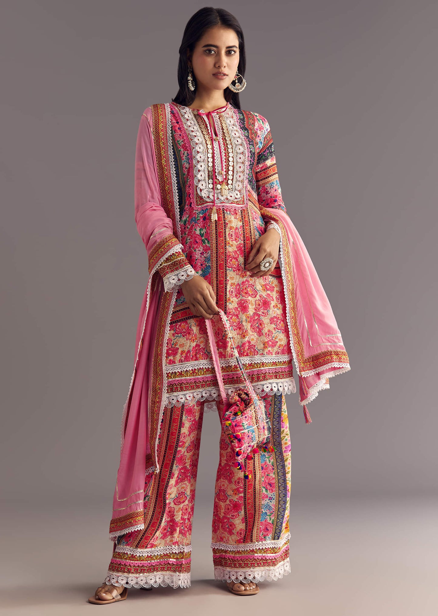 Pink Silk Kurta Set For Men With Mirror