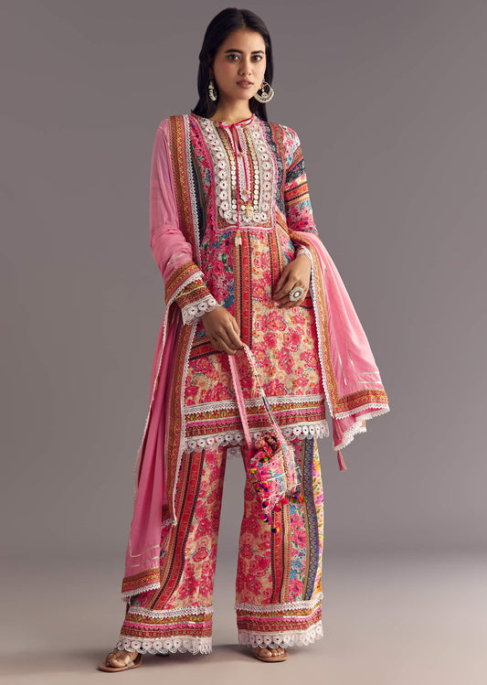 Pink Silk Kurta Set For Men With Mirror