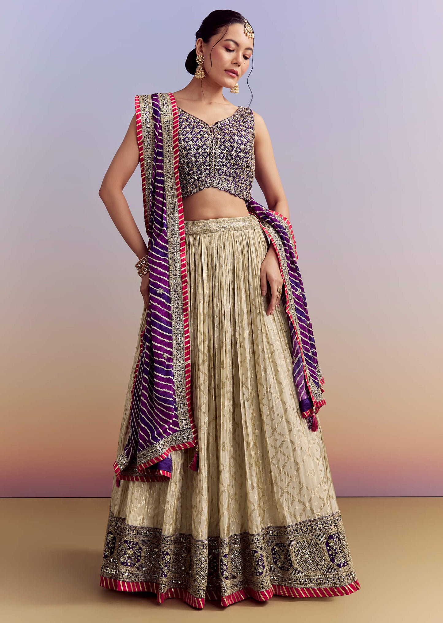 Nature Motifs Green Satin Saree With Criss Cross Stripes